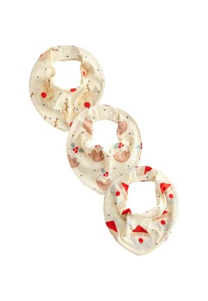 Drei cremefarbene Baby-Lätzchen mit Weihnachtsmotiven: Rentier, Feiertags-Pudding und Santa-Gesichter, jeweils mit Druckknopf-Verschlüssen.