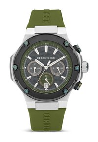 Orologio Cerruti 1881 con cinturino in silicone verde, cassa in acciaio inossidabile nero, quadrante grigio testurizzato, dettagli in argento e verde, e display della data.