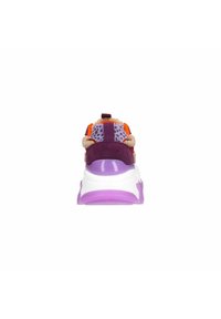 Chunky sneaker with a purple and white sole, featuring different textures, orange accents, and a mix of purple, red, and spotted materials.