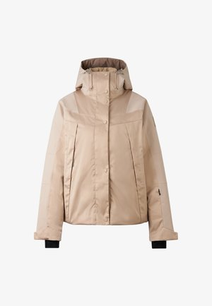 Beige isolierte Jacke mit hohem Kragen, Reißverschluss und Druckknopfverschluss sowie großen Fronttaschen. Verfügt über kontrastierende Stoffpaneele und eine Kapuze.