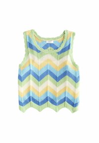 Haut sans manches en tricot avec un motif en chevron bleu, vert, jaune et blanc. Des bords festonnés et un col rond complètent le design.