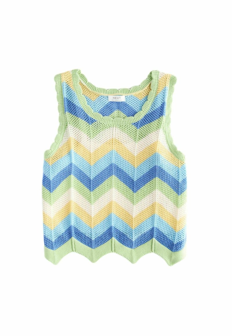 Haut sans manches en tricot avec un motif en chevron bleu, vert, jaune et blanc. Des bords festonnés et un col rond complètent le design.