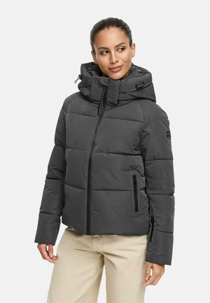 Veste à coque grise avec col montant et capuche ajustable, dotée d'un design matelassé, d'une fermeture éclair à l'avant et de poches latérales. Texture lisse.