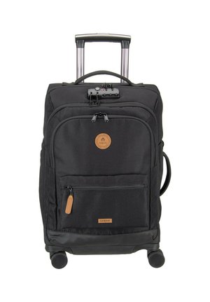Schwarzer Reisekoffer mit weicher Schale, vorderen Reißverschlusstaschen, ausziehbarem Griff, seitlichem Griff, vier Rollen und integriertem Zahlenschloss.