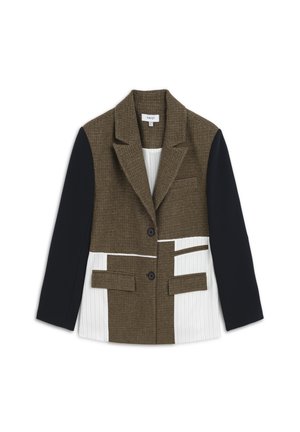 Bruine houndstooth blazer met zwarte mouwen, voorzien van witte streepaccenten en twee voorkruiszakken, gestructureerde revers en knoopsluiting.