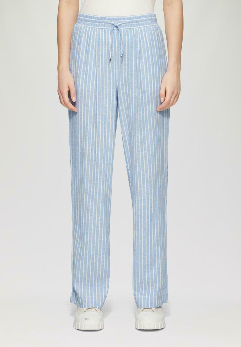 Lichtblauwe gestreepte broek met een elastische tailleband en trekkoord, gemaakt van zachte stof. Slim fit met een rechte pijpontwerp.