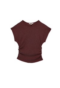 Burgundy lyhythihainen paita, jossa on rakenteellinen kangas, pyöreä kaula-aukko ja keruut sivuilla. Vapaa malli, jossa on hihattomat hihat.