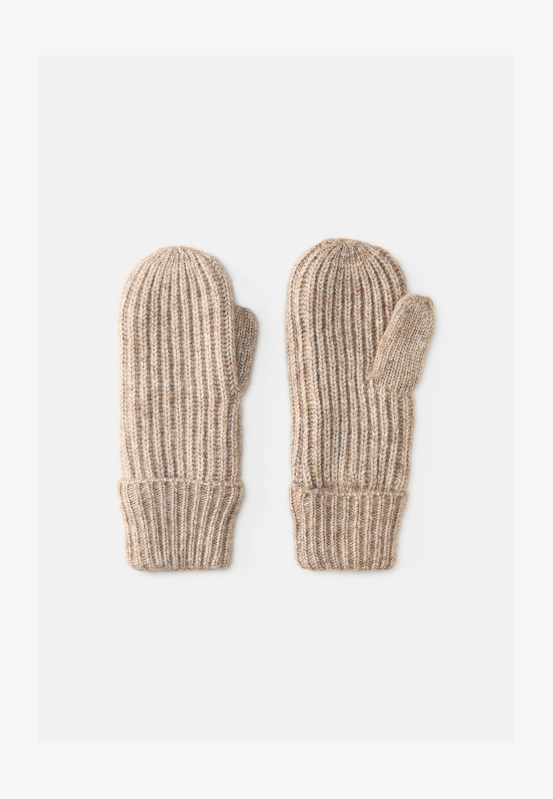 Beige gerippte Strickhandschuhe mit einem dicken Bündchen. Weiche Textur und abgerundete Oberform, mit einer Daumenöffnung am rechten Handschuh.