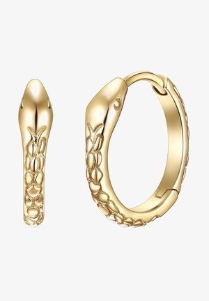 Orecchini a cerchio dorati a forma di serpente, con dettagliati squame e una chiusura senza soluzione di continuità. Texture liscia con finitura lucida.