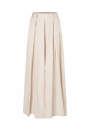 Beige, hoch taillierte Weithosen mit vorderen Falten und einem Bund mit Gürtelschlaufen, entworfen für eine lockere und fließende Passform.