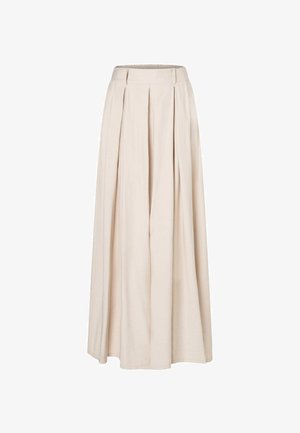 Beige, hoch taillierte Weithosen mit vorderen Falten und einem Bund mit Gürtelschlaufen, entworfen für eine lockere und fließende Passform.