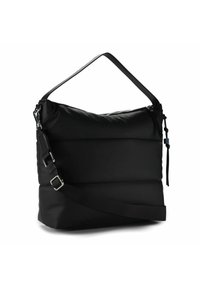 Zwarte schoudertas met een geplucheerd ontwerp, ritssluiting en een verstelbare schouderband. Gemaakt van een glad, matte materiaal zonder zichtbare patronen.