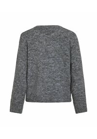 Rückansicht eines schlichten grauen Strickpullovers mit langen Ärmeln, rundem Ausschnitt und gerippten Bündchen und Saum.