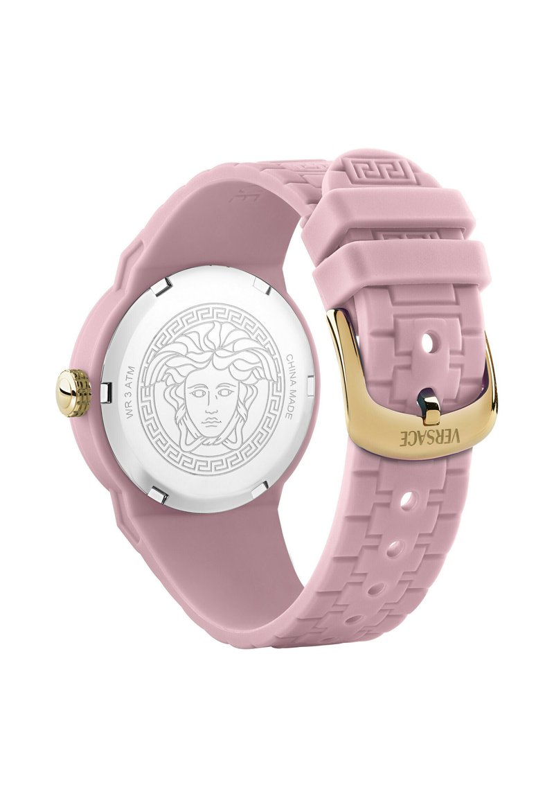 Lyserødt armbåndsur med silikonerem og guldlås graveret med "Versace" samt Medusa-logo indgraveret på bagsiden i sølv.