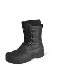 Schwarzer isolierter Schneestiefel mit einer Gummisohle, strukturiertem Nylonobermaterial, sechs Ösen für Schnürsenkel und einem mit Fleece gefütterten Kragen für Wärme.