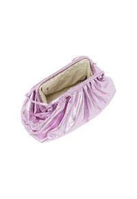 Metallic pink lommetask med samlet design, blødt stof og indvendig lomme. Åben top med snorelukning. Glat, blank overflade.