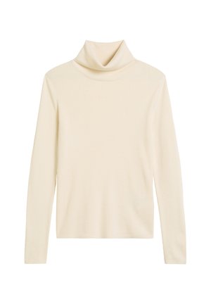 Geribbelde turtleneck trui in crème, met lange mouwen en een zachte textuur, ontworpen voor een aansluitende pasvorm.