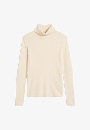 Rippstrick-Turtleneck-Pullover in Creme, mit langenÄrmeln und weicher Textur, entworfen für eine figurbetonte Silhouette.