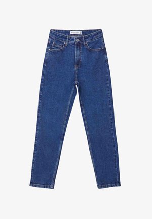 Jeans bleu taille haute en denim, avec une coupe droite, des poches avant et une texture légèrement délavée.