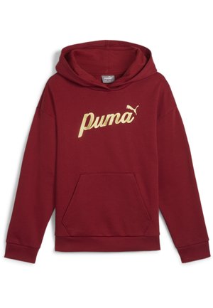 Mørkerød hoodie med gylden Puma-logo, kængurulomme, ribbede manchetter og kant, designet til afslappet brug.