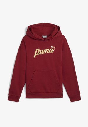 Mørkerød hoodie med gylden Puma-logo, kængurulomme, ribbede manchetter og kant, designet til afslappet brug.