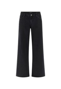 Sorte bredbenede denimbukser med medium høj talje, der har fem lommer og en frontknaplukning. Glat tekstur og minimalistiske detaljer.