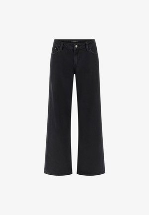 Svarta vida denimbyxor med medelhög midja, med fem fickor och knappstängning fram. Slät textur och minimal detaljering.