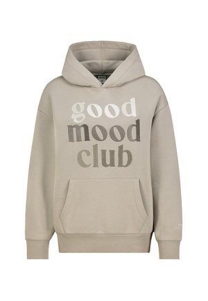 Beige hoodie met een voorzak, met daarop de tekst "good mood club" in verschillende kleuren. Gemaakt van zachte, gestructureerde stof met een capuchon.
