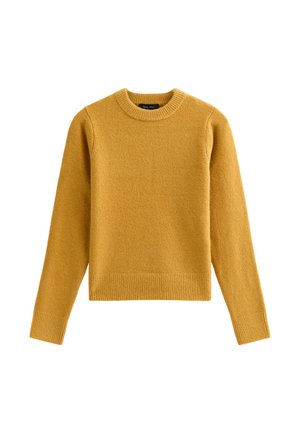 Maglione a maglia giallo senape con maniche lunghe, scollo rotondo e polsini e orlo a coste; texture morbida, design semplice senza fantasie.