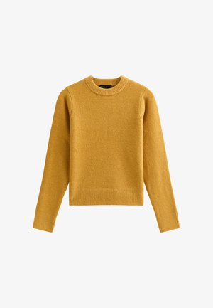 Senfgelber Strickpullover mit langen Ärmeln, Rundhalsausschnitt und gerippten Bündchen und Saum; weiche Textur, schlichtes Design ohne Muster.