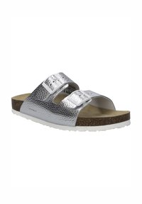 Silver textured slide sandals with two adjustable straps and buckles, cork footbed, and white outsole. Suitable for casual wear.