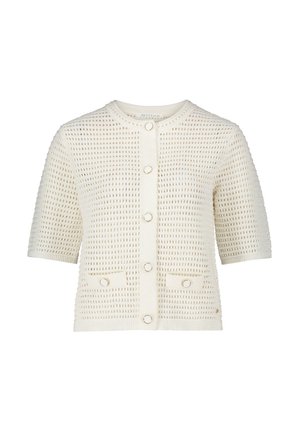 Strik cardigan i elfenben med en struktureret, åben vævning. Har korte ærmer, en rund halsudskæring og fem frontknapper. Inkluderer to frontlommer.