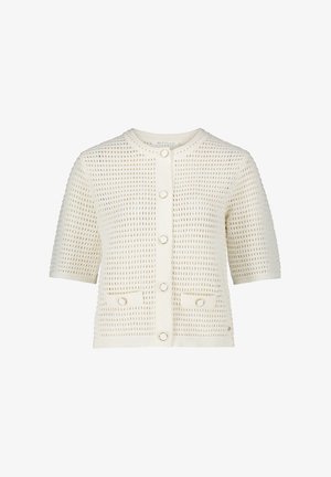 Strickjacke in Elfenbein mit einer strukturierten, offenen Webart. Verfügt über kurze Ärmel, einen runden Halsausschnitt und fünf vordere Knöpfe. Enthält zwei vordere Taschen.
