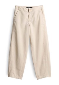 Pantalons beige à jambes larges en coton. Comprend des poches avant, une fermeture à bouton et des coutures visibles le long des coutures. Texture lisse.
