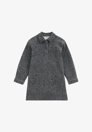 Langärmliges graues Kleid mit schwarzem Leopardenmuster, Brusttasche vorne, Kragen und zwei Knöpfen auf der oberen vorderen Blende.
