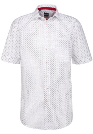 Kurzärmliges weißes Hemd mit kleinen schwarzen und roten Punkten, Button-Down-Kragen, einer Brusttasche und kontrastierendem roten Innenkragen.