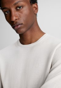 Maglione beige chiaro con collo a giro e una consistenza sottile. Presenta un piccolo logo in rilievo sul petto. Tessuto lavorato morbido.