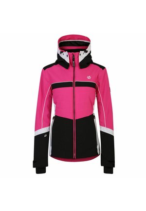 Kurtka narciarska damska z różowymi, czarnymi i białymi panelami, kapturem ze sznurkami, przednim zamkiem błyskawicznym oraz zapinanymi na zamek bocznymi kieszeniami.