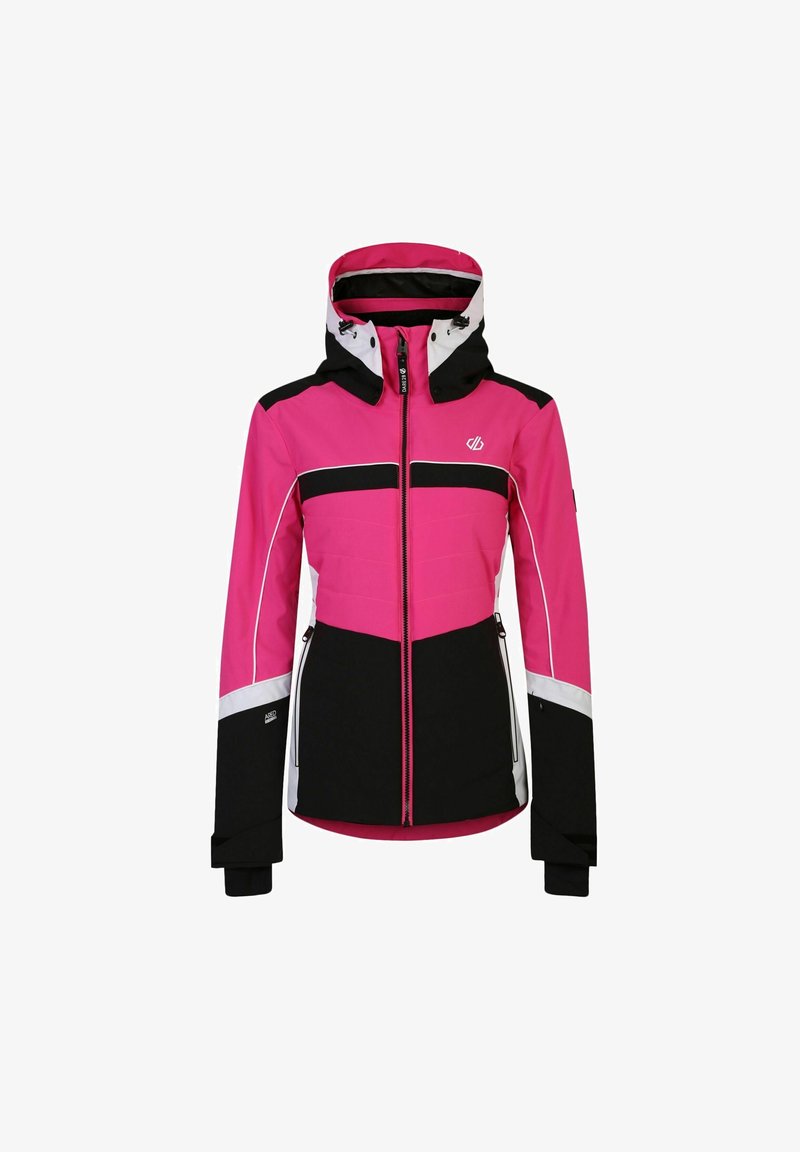 Veste de ski pour femmes avec panneaux roses, noirs et blancs, capuche avec cordons de serrage, fermeture éclair frontale et poches latérales zippées.