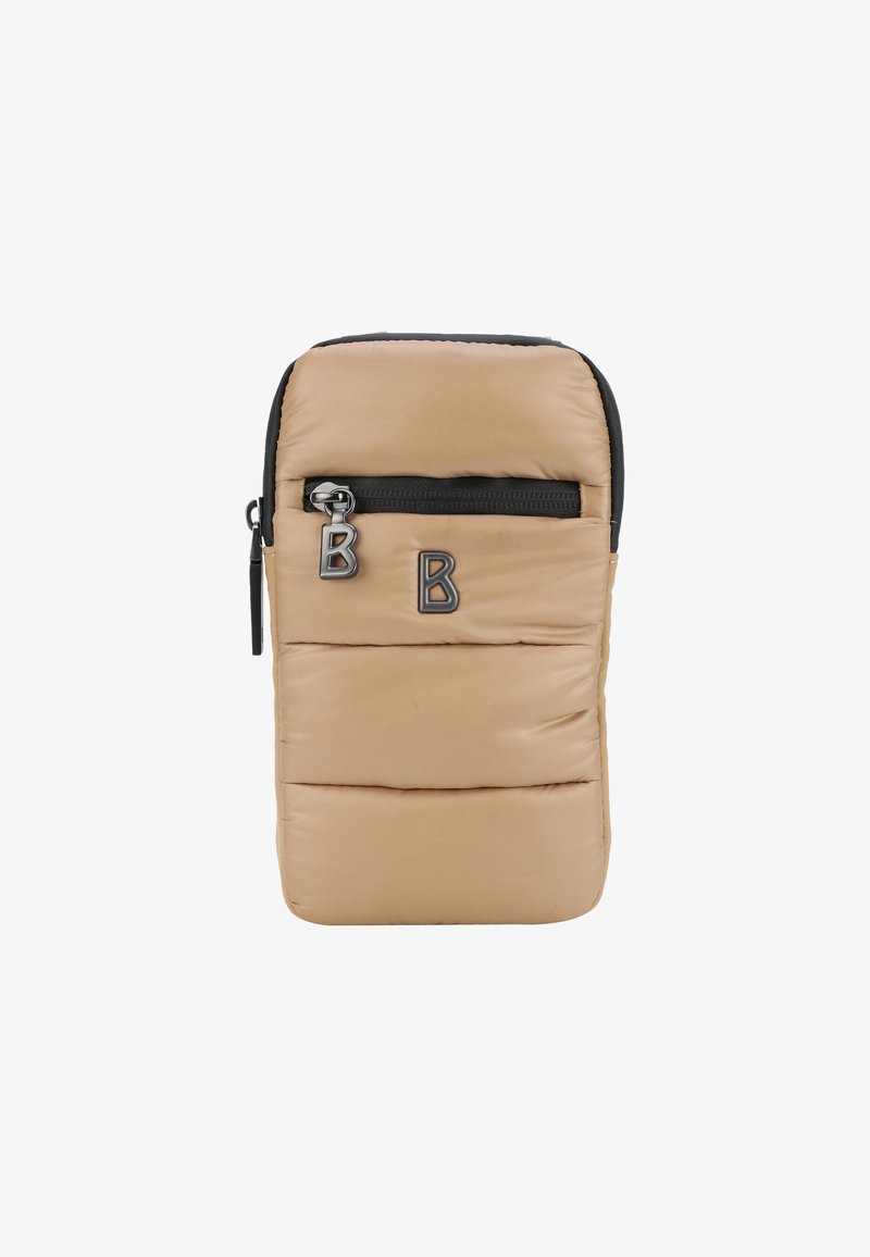 Borsa a tracolla imbottita beige con tasca frontale con zip, dotata di due tirazip argentati a forma di "B" e una elegante rifinitura nera.