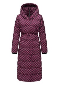 Long puffer coat in pink and black houndstooth pattern, featuring a hood, belted waist, and elasticized cuffs. Quilted texture with deep pockets.