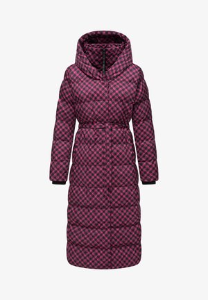 Cappotto lungo imbottito in un motivo a scacchi rosa e nero, dotato di cappuccio, vita cintata e polsini elasticizzati. Tessuto trapuntato con tasche profonde.