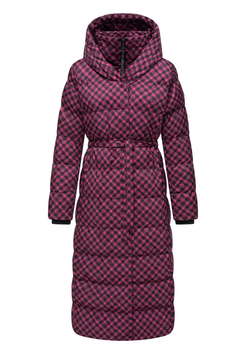 Long puffer coat in pink and black houndstooth pattern, featuring a hood, belted waist, and elasticized cuffs. Quilted texture with deep pockets.