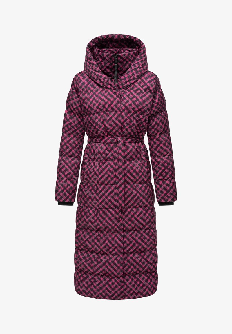 Lange pufferjas in een roze en zwarte houndstooth patroon, met een capuchon, een ceintuur in de taille en elastische manchetten. Gevoerd textuur met diepe zakken.