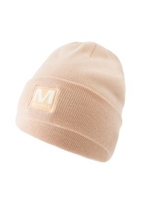 Beanie in magenta chiaro a maglia con risvolto, decorato con un logo quadrato in arancione pallido e bianco. Texture morbida e design senza cuciture.