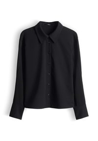 Camicia nera a maniche lunghe realizzata in tessuto liscio. Presenta un colletto classico, chiusura con bottoni sul davanti e polsini strutturati. Design semplice e tinta unita senza motivi.