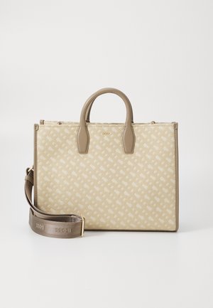Beige canvas handbag with leather accents, dual top handles, and a detachable strap. Features a repetitive geometric pattern. Gold hardware.