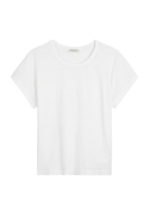 White short-sleeve t-shirt made of lightweight fabric, featuring a round neckline and a relaxed fit with rolled cuff sleeves.