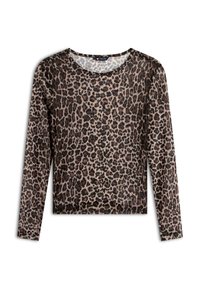 Langsleeve, transparante blouse met een bruin en zwart luipaardprint patroon. Ronde halslijn met een relaxte pasvorm en textuurstof.