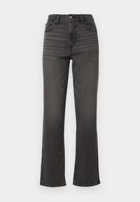 Hochtaillierte, gerade geschnittene Jeans aus dunkelgrauem Denim mit leichter Ausbleichung, vorderen Taschen und einem einzigen Knopfverschluss. Schlichtes, minimalistisches Design.